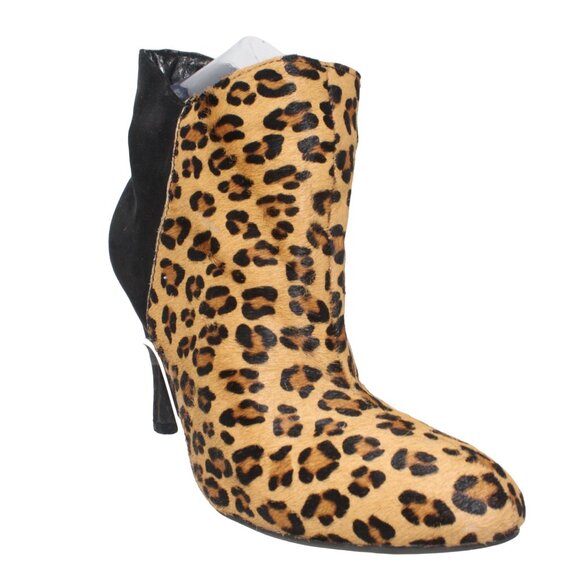 Express Shoes - Express Sz 9M Cheetah Print Calf Hair Black Faux Suede Zip Ankle Heeled Booties